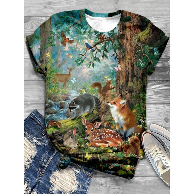 Forest animal print casual T-shirt